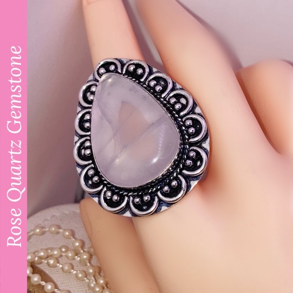 Rose Quartz Gemstone Handmade Halo Ring - Picture 2 of 10